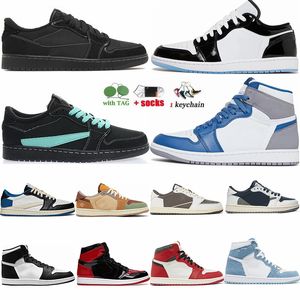 With Box 1s Mens Basketball Shoes jumpman 1 True Blue Lost Found Low Dark Reverse Mocha Space Jam Concord High 85 Black White Denim Mens Womens Sneaker Dhgate Trainers