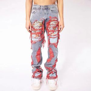 Мужские джинсы High Street Hip Hop Уничтожение матово -вышитые мешковываемые бэк -капусные джинсовые штаны.