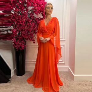 Summer Chiffon A Line Prom Dresses Puffy Long Sleeve Floor Length Formal Evening Gowns Deep V Neck Plus Size Gowns Custom Made