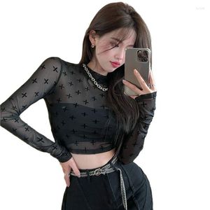 Blusas femininas hyun yafeng protetor solar curto subdote mulheres verão gelo seda de seda comprida camiseta dobrável malha dobrável camada interna spicy girl top