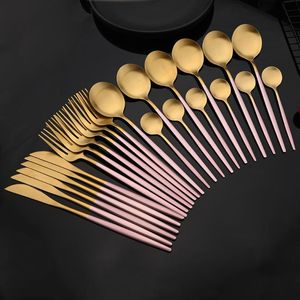 Conjuntos de utensílios de jantar 24pcs/6set rosa talheres fosco de ouro Facas de capa de capa de capa de café aço inoxidável talheres de talheres