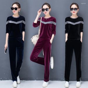 Women's Tracksuits Gold Velvet Women's Round Neck Stitching Two Sets Of Spring And Autumn Casual Fashion Sportswear Suit Female Piece