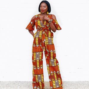 Kobiety Jumpsuits Dashiki Print Seksowne szerokie kombinezony nogi Kobiety w szyku w szyku zimne ramię Falre Rękaw Long Romper Summer Casualne kombinezony