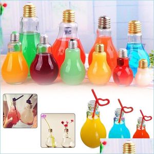Other Drinkware Milk Tea Glass Or Plastic Light Bb Water Bottle 100Ml 500Ml Drink Fruit Juice Leak Proof Containers Lamp Drop Delive Dhxr9