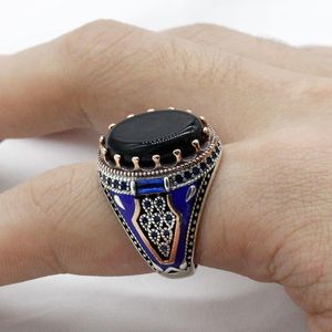Cluster Rings Black Agate Ring For Men 925 Sterling Silver Vintage Natural Gem Stone con smalto blu Punk Gioielli fatti a mano turchi Regalo