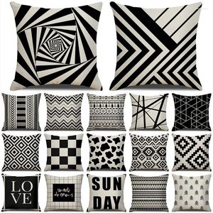 Kudde 1st Black White Geometric Line Print Cotton Linen Cover Throw Car Home Decoration Soffa Bed Decorative Pudow Case