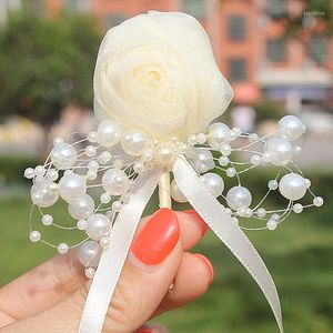 Dekoratif çiçekler 1 adet düğün korsage damat boutonniere parti balo adamı el yapımı şifon ipliği gül kristal erkekler takım elbise broş çiçek