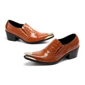 6cm Heels High Men's Shoes Pointed Metal Toe Brown Genuine Leather Dress Shoes Men Business, Party and Wedding!