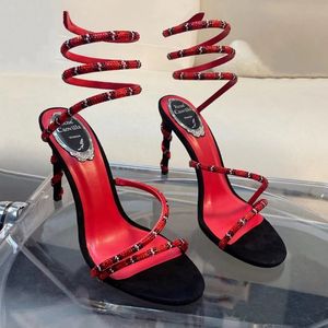 Сандалии Rc мода Черный Красный горный хрусталь обвивающее кольцо для ног женская обувь Роскошный дизайнер узкая полоса 9,5 см на высоком каблуке новинка Каблук намотки Сандалии 35-43Размер
