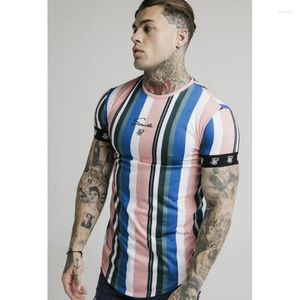 Men's T Shirts Tide Brand Sik Silk Printed T-shirt Summer Men Fashion Striped Hip-hop Casual Short Sleeve Polyester