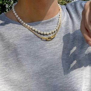Colares pendentes imitação de duas camadas de dupla camada de colar de pérolas para homens homens estilo hip hop estilo geométrico declaração de jóias garganta do presente