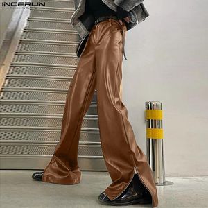 Men's Jeans INCERUN Wide Leg Pants Solid PU Leather Pockets Elastic Waist Fashion Casual Trousers 2023 Joggers Streetwear Pantalon 230330