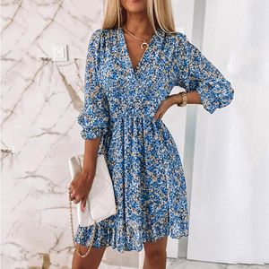 Casual Dresses Women V-Neck A-Line Dress Vintage Floral Print Half Sleeve Summer Boho Sexy Elegant Beach Holiday Party Wear Vestidos