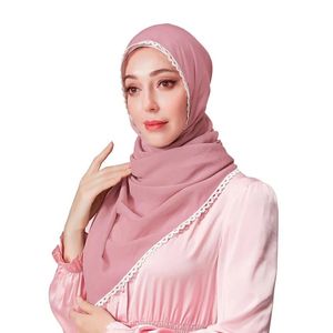 Spitzenschal, Chiffon-Hijabs mit weißer Spitze, lange Blumenkanten, Hijab-Schal, muslimischer Schal, islamische Hijabs, arabische Wickelkopftücher