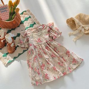 Girl Dresses 2023 Summer French Vintage Rose Print Flying Sleeve Girls' Dress Lace Short Round Neck Kids' Fashionable Cute