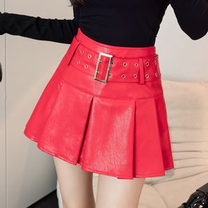 Skirts Autumn winter pleated leather mini skirt fashion belt high waist PU faux streetwear y2k sexy club shorts 230330