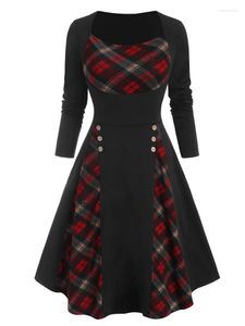 Casual Dresses Gothic Black High Waist Long Sleeves Vestidos Buckled Plaid Panel A-Line Dress For Women Fall Winter Clothing