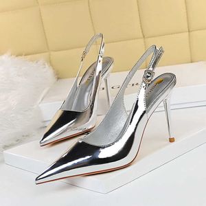 Dress Shoes Shiny High Heels Slingback Gold Silver Women Pumps Metallic Sandals Pointy Toe Stiletto Heeled Shoes Party Dress Shoes Woman 7/9 Y23