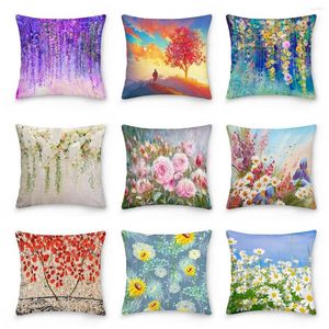 Pillow Case Floral Decorative Pillowcase Oil Painting Blooming Flower Throw Polyester Fabric Cover Sofa Decoration