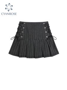 Skirts Y2k Pleated Women Sexy High Waist Grey Stripe Bandage Mini Summer A Line Vintage Harajuku Streetwar 230329