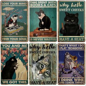 Lustige schwarze Katze Metall Blechschild Vintage Kunst Metall Poster Badezimmer Bar Cafe Home Decor Art Metallplatte 30X20cm W03