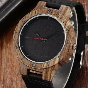Relógios de pulso moda moda exclusiva preta requintada design oco de madeira natural relógio de madeira para masculino banda de couro de madeira gesto de quartzo relógio