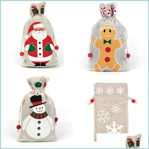 Christmas Decorations Linen Dstring Gifts Bag Santa Clause Snowflake Snowman Xmas Burlap Storage Pouch Birthday Party Candy Drop Del Dho4M