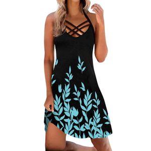 Lässige Kleider Damen V-Ausschnitt Mini Strandkleid Sommer Sexy Schnürpullover Vintage Bedruckt Aushöhlen SommerkleidCasual