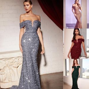 Brilliant Mermaid Prom Dresses Off the Shoulder Solid Color Sekvensed Backless Court Gown Plus Size Made Made Party Dress Vestido de Noite