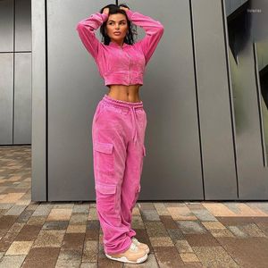 Women's Two Piece Pants Women's Fall Winter Clothes Set Fashion Wild Velvet Outfits Long Sleeve Zip Up Cropped Jacket Coat Elastic Waist