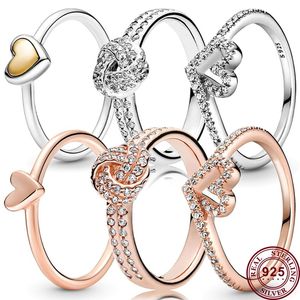925 Silver Women Fit Pandora Ring Original Heart Crown Fashion Rings Exquisite Hand-painted Love Heart Knot Wishing Bone