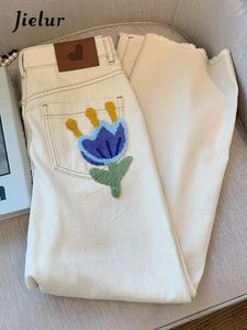 女子ジーンズジールールタオル刺繍ハイウエストジーンズファッションウルトラシンストレートレディースパンツレディースカジュアルアーモンドジーンズS-XL 230330