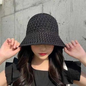 ワイドブリム帽子夏の韓国語版メッシュバケツ女性用サンハットホローシンプルファッション通気性ニットニットパナマハット女性P230327