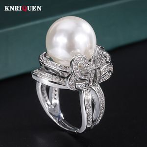 Wedding Rings Luxury 14MM White Black Big Pearl Adjustable for Women Lab Diamond Cocktail Party Fine Jewelry Accessories Gifts 230330