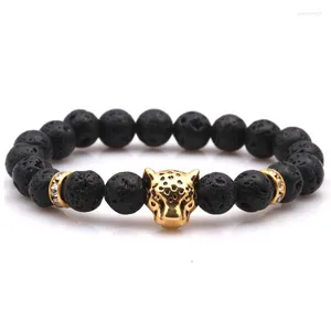 Strand grado A pietra vulcanica lavica agata opaca braccialetto di perline lega testa di leopardo bracciali fascino gioielli regalo all'ingrosso Anime