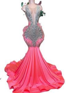 Arapça Aso Ebi Pembe Deniz Kızı Prom Elbise Kristaller Boncuklu Tüy Akşam Resmi Parti İkinci Resepsiyon Doğum Günü Nişan Elbise Elbiseler Robe De Soiree