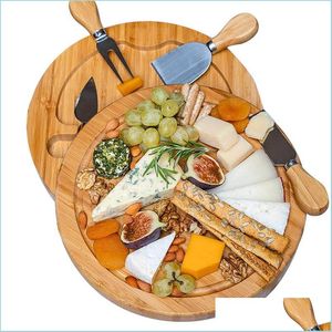 Other Kitchen Tools Bamboo Cheese Board And Knife Set Round Charcuterie Boards Swivel Meat Platter Holiday Housewarming Gift Drop De Dhv8P