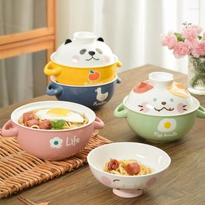Bowls Creative Ceramic Cartoon Instant Noodle Bowl With Lid Ear For Microwave Oven Cute Ramen Set Soup Mixing