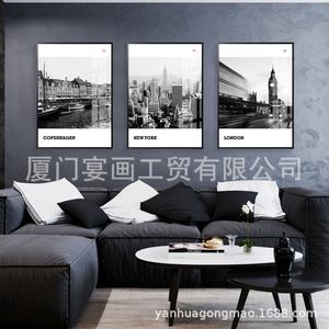 Pintura de paisagem de arquitetura em preto e branco, pintura de decoração da sala de estar, varanda do quarto, núcleo de pintura europeu e n da cidade