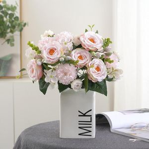 Decorative Flowers & Wreaths Artificial 32.5cm Pink And White Rose Single Bouquet Romantic Dressing Table Decoration Home Porch