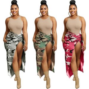 Bulk Wholesale Camouflage High Split Skirts designer Women Printing Pocket Dresses Female Stylish Streetwear Mid Length Skirt 9607