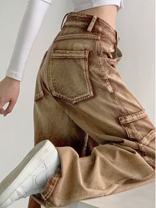 Women's Jeans Y2K Brown Cargo Pant Vintage Grunge High Waist Baggy Streetwear Wide Leg Loose Denim Trousers Female 230330