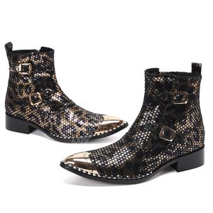 Christia Bella Designer Shoes Gold Pointed Toe Genuine Leather Men Boots Buckle Motorcycle Short Boots Male Formal Ankle Boots