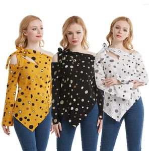 Blusias femininas Moda Moda Slim Tops de manga comprida One-ombro de uma camisa irregular de polka-dot de polvilha