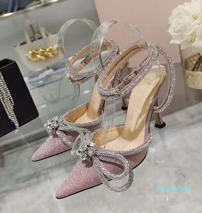 Europa und Amerika Sandalen High Heels 2023 Bow Rhinester Pointy Glitter Sandalen Damen Lace-up Stiletto Heels