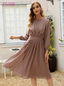 Casual Dresses S Flavor Women's Brown Chiffon Casual Midi Dress Elegant O-Neck Långärmning PLICED A-LINE VESTIDOS 230330