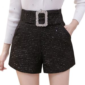 Kvinnors shorts mode s tweed kort höst vinter paljett svarta kvinnor glitter diamanter bälte hög midja kort femme 230330