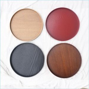 Mats Pads Round Wooden Tray Dishes Platter Tea Fruit Plate Bakery Serving Black Natural Brown Color Diameter 21Cm Drop Delivery Ho Dhro2