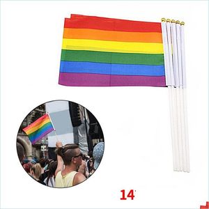 Banner-Flaggen, Gay-Pride-Flagge, Kunststoff-Stick, Regenbogen-Hand, amerikanische Lesben, LGBT, 14 x 21 cm, Drop-Lieferung, Hausgarten, festliche Party, Suppl Dhvlz