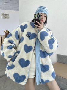 Damen Jacken Mode Y2k Love Reversible Lammwolle Mantel Stehkragen Reißverschluss Freizeitjacke Frauen 2023 Herbst Winter Lose Süße Parkas